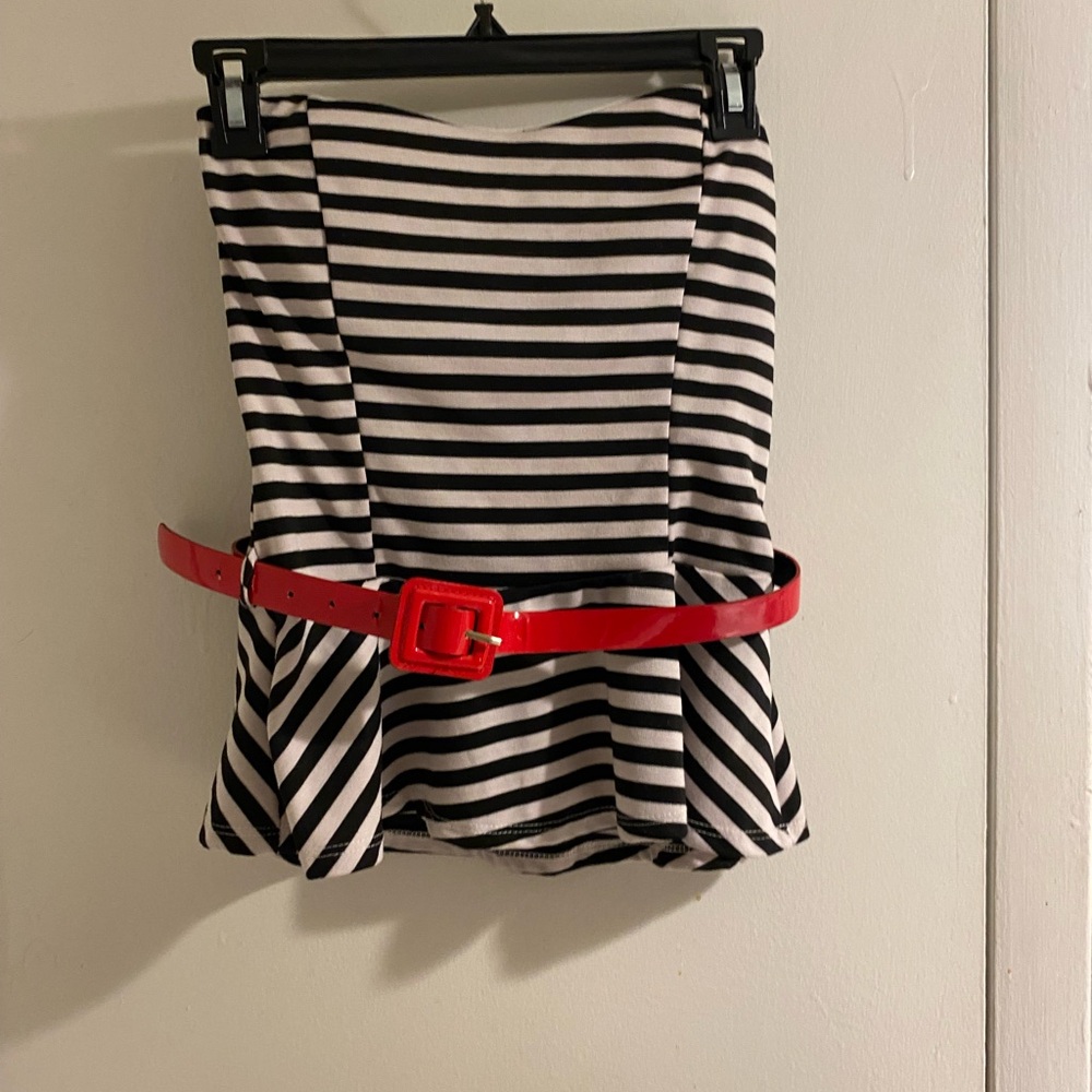 Striped Black and White Top with Red Belt Celine by Champion Medium